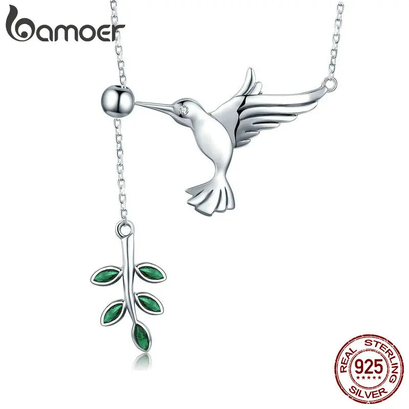 Sterling Silver Spring Bird & Tree Leaf Leaves Dangle Pendant Necklace