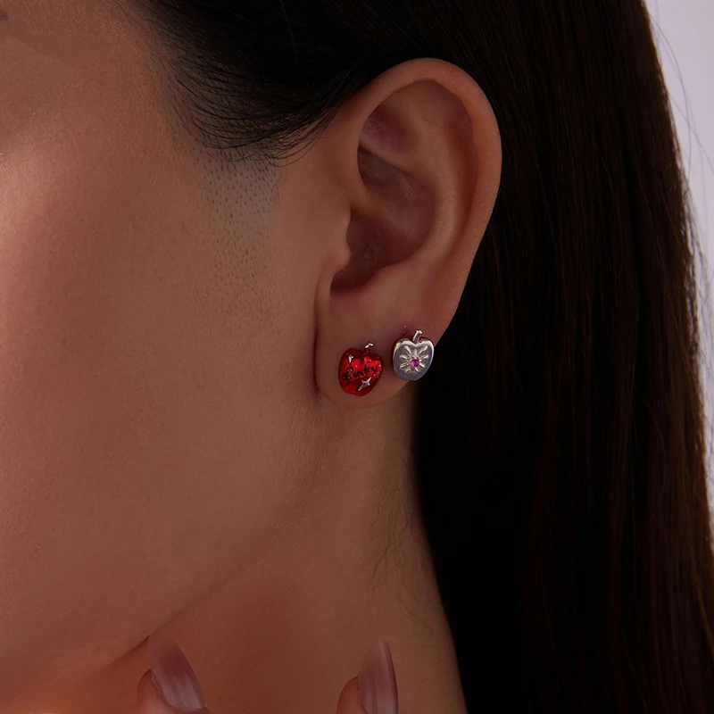 Sterling Silver Red Apple Asymmetrical Earrings