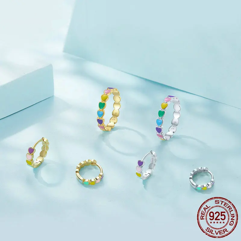 Sterling Silver Rainbow Series Heart to Heart Ring & Earrings Jewelry Set