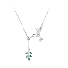Sterling Silver Spring Bird & Tree Leaf Leaves Dangle Pendant Necklace