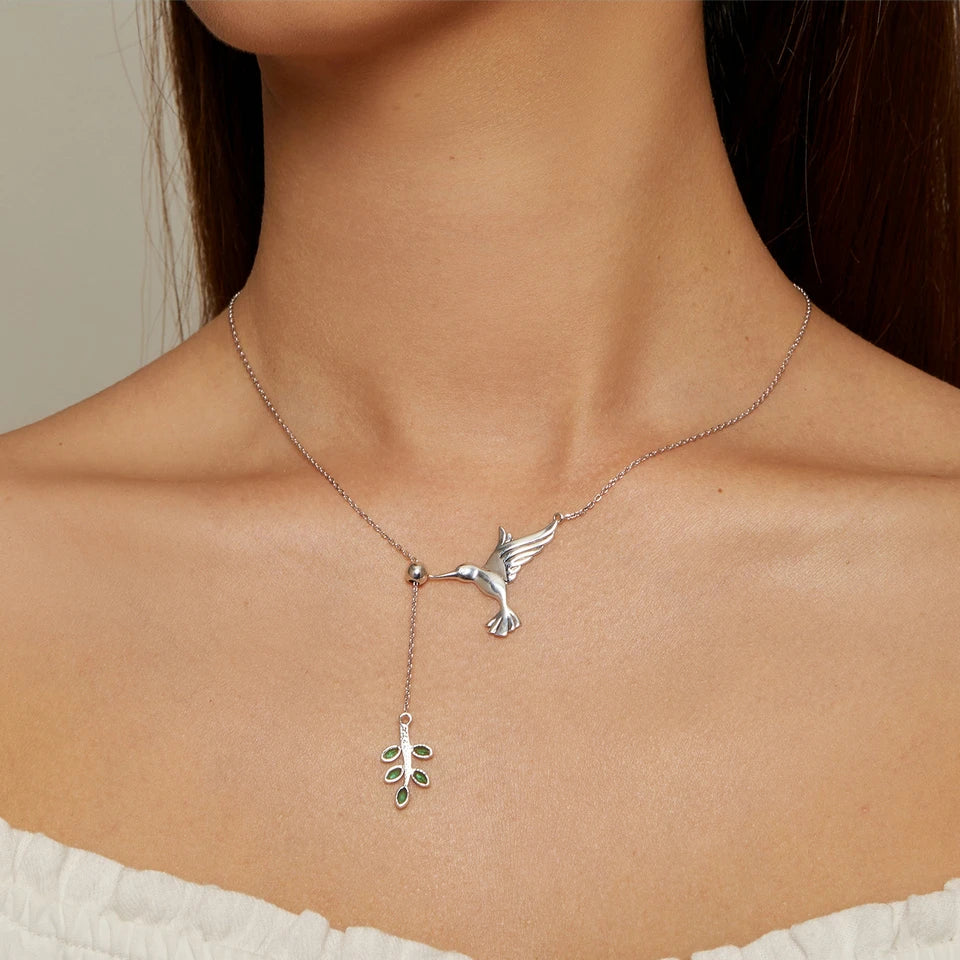 Sterling Silver Spring Bird & Tree Leaf Leaves Dangle Pendant Necklace
