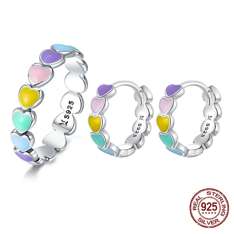 Sterling Silver Rainbow Series Heart to Heart Ring & Earrings Jewelry Set