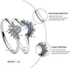 2pc/set Summer Couple Ring Set Sky Blue Sparkling Moon and Sun Ring